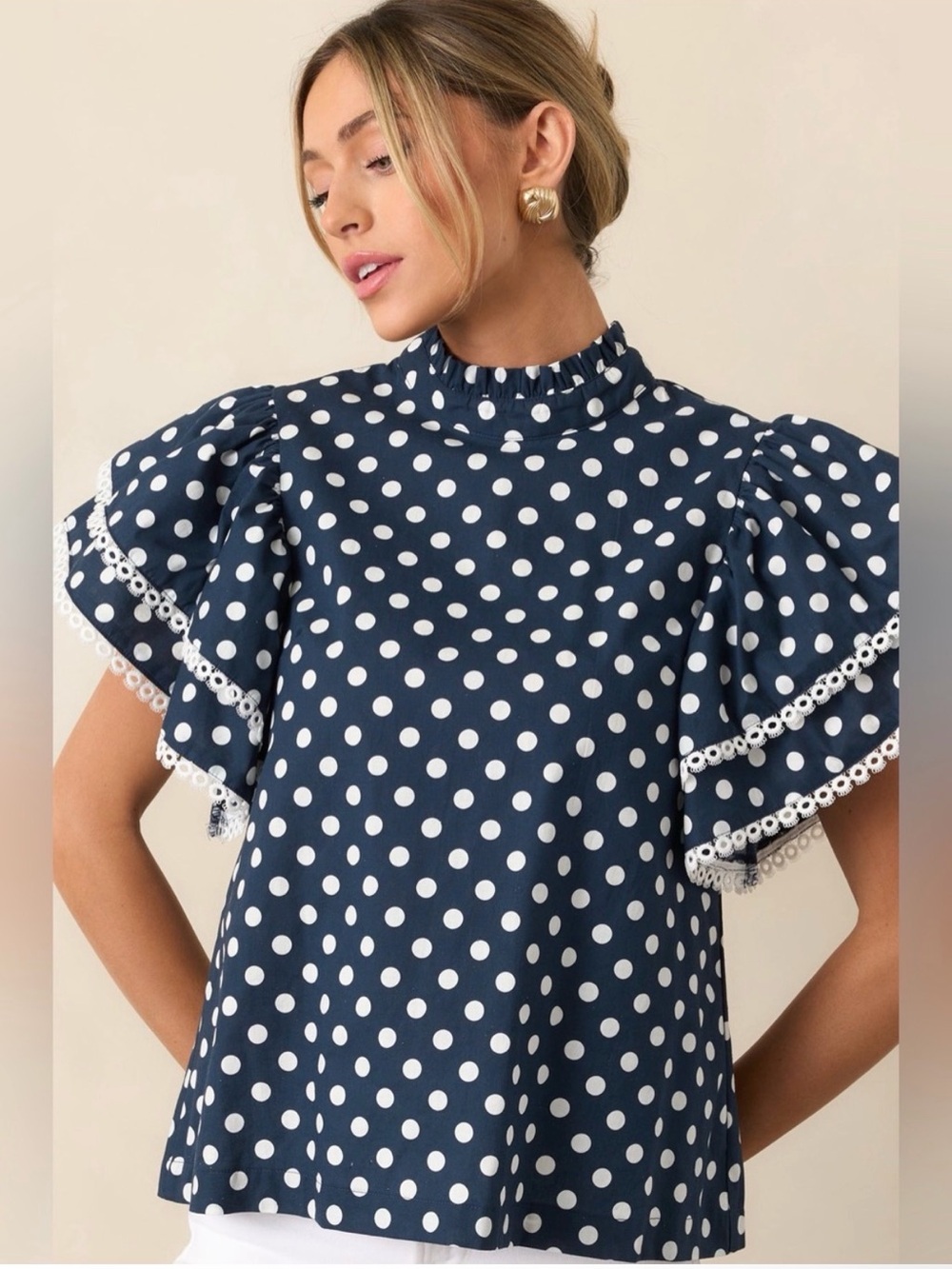 Navy Polka Dot Ruffle Sleeve Blouse